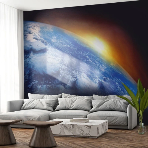 Fototapete Premium Sand - Sonnenaufgang über dem blauen Planeten - Abstraktion, 3D, Kosmos - 300x210 cm