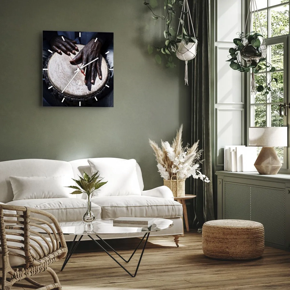 Wanduhr - Glasuhr - Hände spielen eine Djembe-Trommel in einer dynamischen Komposition - 30x30cm - Lebe in deinem eigenen Rhythmus - Moderne Wanddekoration für Wohnzimmer und Schlafzimmer ARTTOR