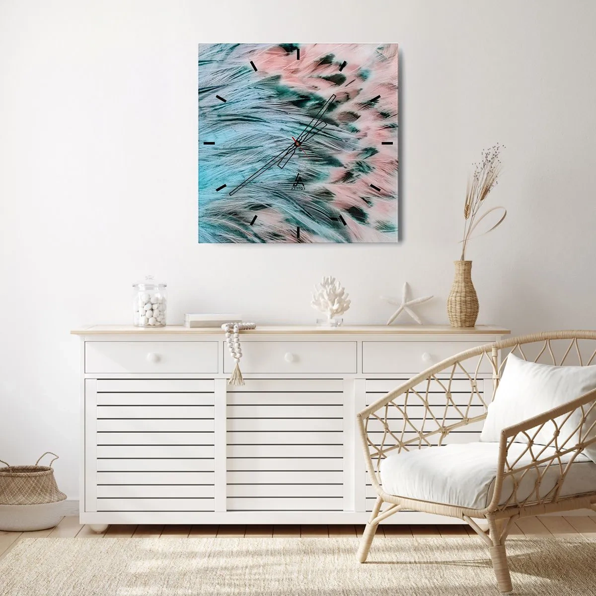 Wanduhr - Glasuhr - Nahaufnahme von Federn in pastellfarbenen Saphir-Rosa-Farben - 30x30cm - Saphirrosa Daunen - Moderne Wanddekoration für Wohnzimmer und Schlafzimmer ARTTOR