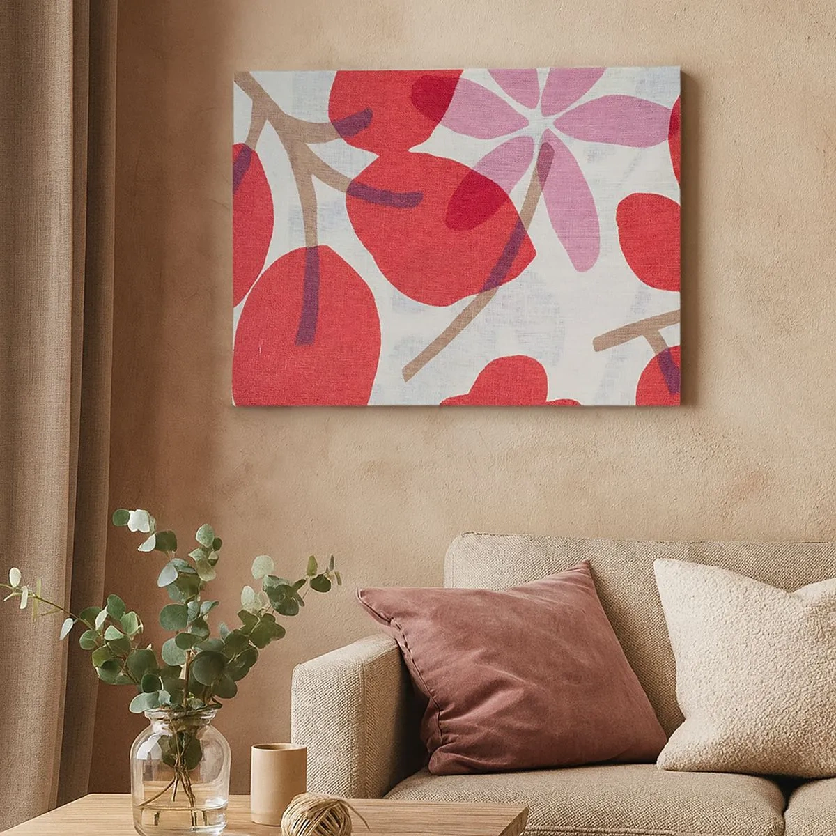 Bild auf Leinwand - Leinwandbild - Blüten und Blätter in Rot- und Rosatönen - 70x50cm - Blumenarrangement in Rosa - Moderne Wanddekoration für Wohnzimmer und Schlafzimmer ARTTOR