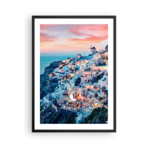 Poster in einem schwarzem Rahmen - Malerischer Blick auf die beleuchteten Häuser auf Santorin bei Sonnenuntergang - 50x70cm - Dein toller griechischer Urlaub - Moderne Wanddekoration für Wohnzimmer und Schlafzimmer ARTTOR