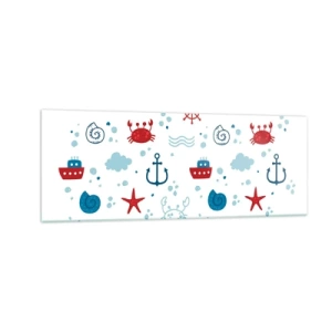 Glasbild - Bild auf glas - Nautisches Muster mit Ankern, Schiffen und Krabben - 140x50cm - Märchen vom Meer - Moderne Wanddekoration für Wohnzimmer und Schlafzimmer ARTTOR