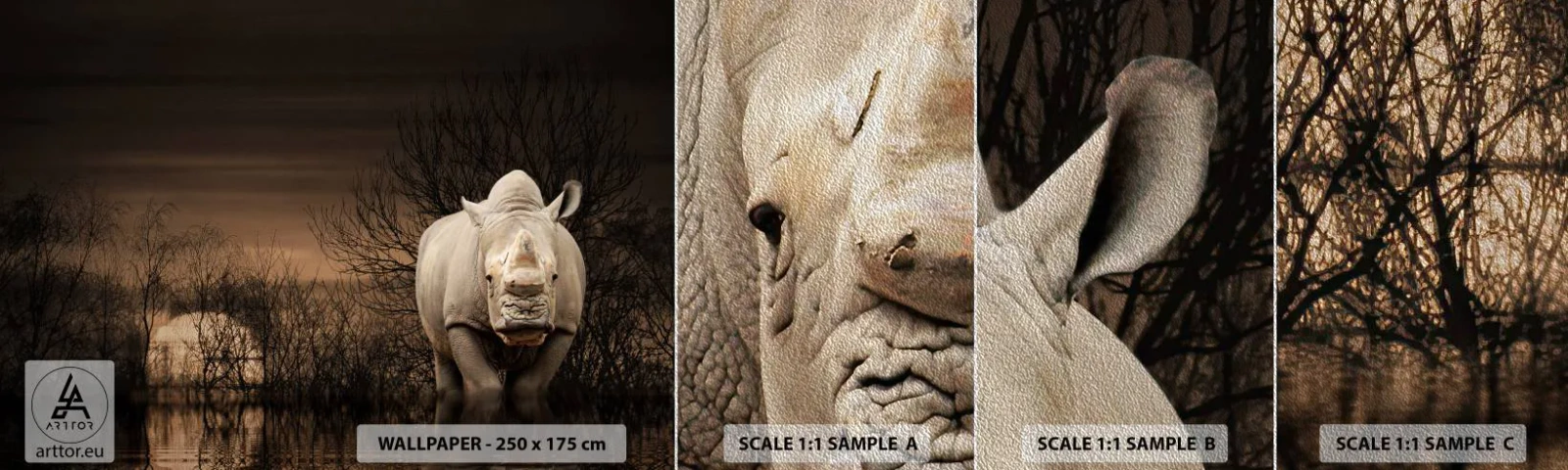Fototapeten Muster Premium Sand - Weiß gegen die Natur - Nashorn, Tiere, Afrika - 100x30 cm