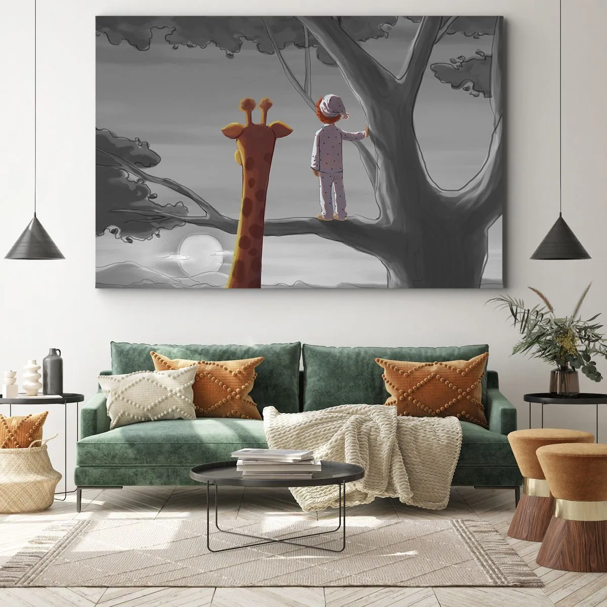 Bild auf Leinwand - Leinwandbild - Ein Kind und eine Giraffe auf einem Ast in einer Märchenlandschaft - 70x50cm - Das passiert wirklich - Moderne Wanddekoration für Wohnzimmer und Schlafzimmer ARTTOR