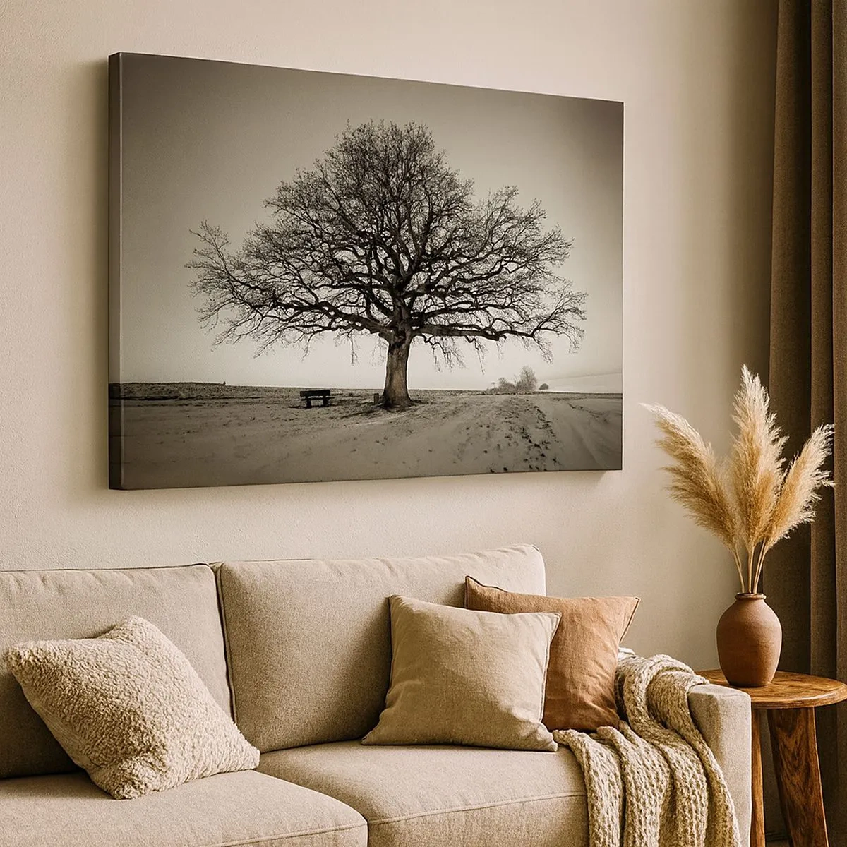 Bild auf Leinwand - Leinwandbild - Ein einsamer Baum in einem Sepia-Feld - 70x50cm - Von hier zu Ewigkeit - Moderne Wanddekoration für Wohnzimmer und Schlafzimmer ARTTOR