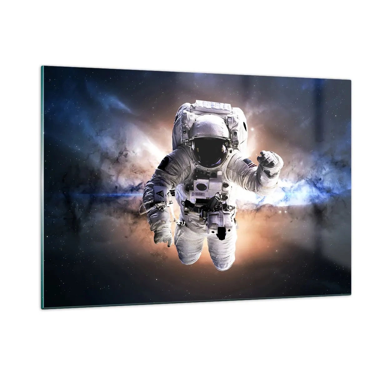 Glasbild - Bild auf glas - Astronaut im Weltraum mit einer Galaxie im Hintergrund - 120x80cm - Grüße aus dem Weltall - Moderne Wanddekoration für Wohnzimmer und Schlafzimmer ARTTOR