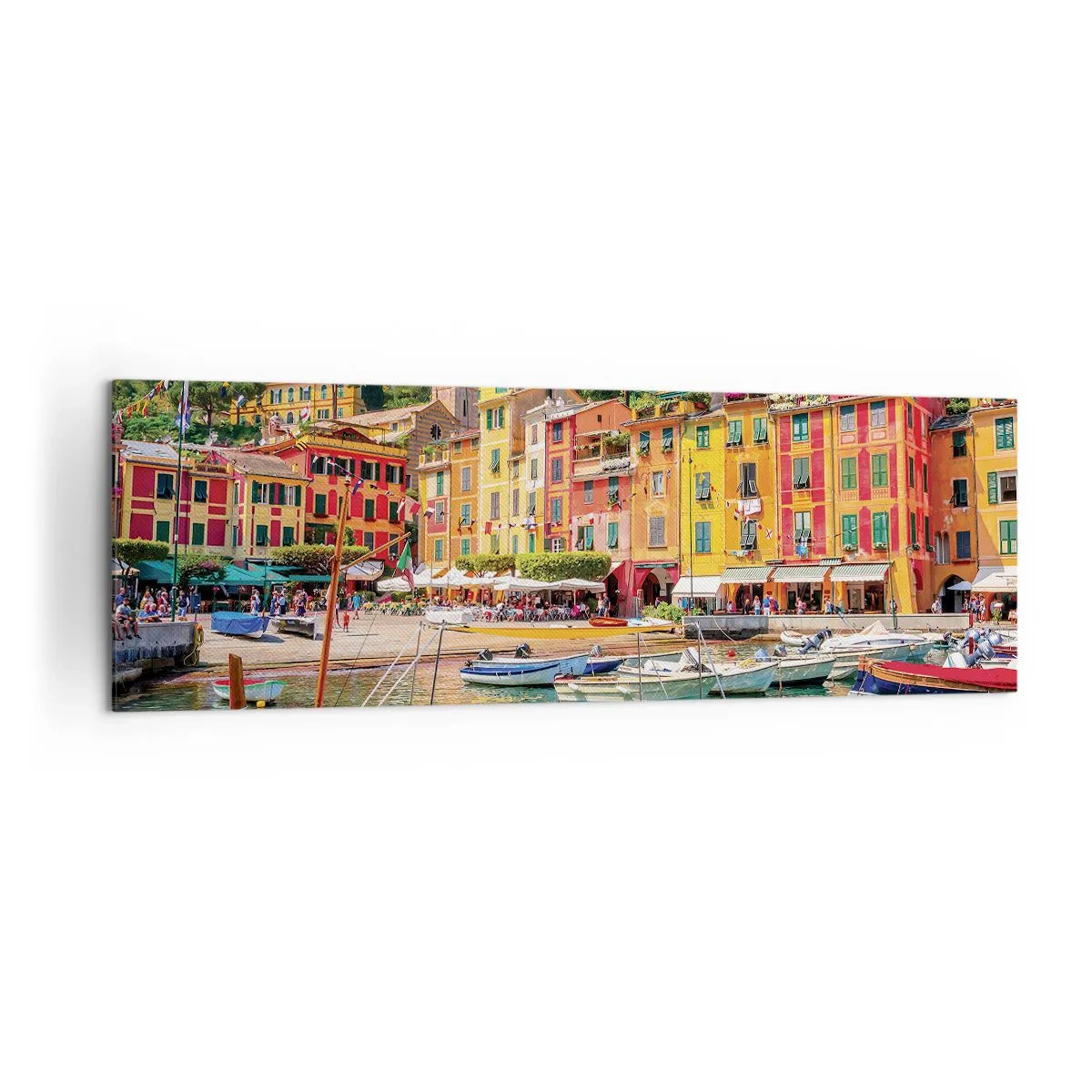 Bild auf Leinwand - Leinwandbild - Bunte Stadthäuser und Boote in einer italienischen Küstenstadt - 160x50cm - Italienischer Morgen - Moderne Wanddekoration für Wohnzimmer und Schlafzimmer ARTTOR