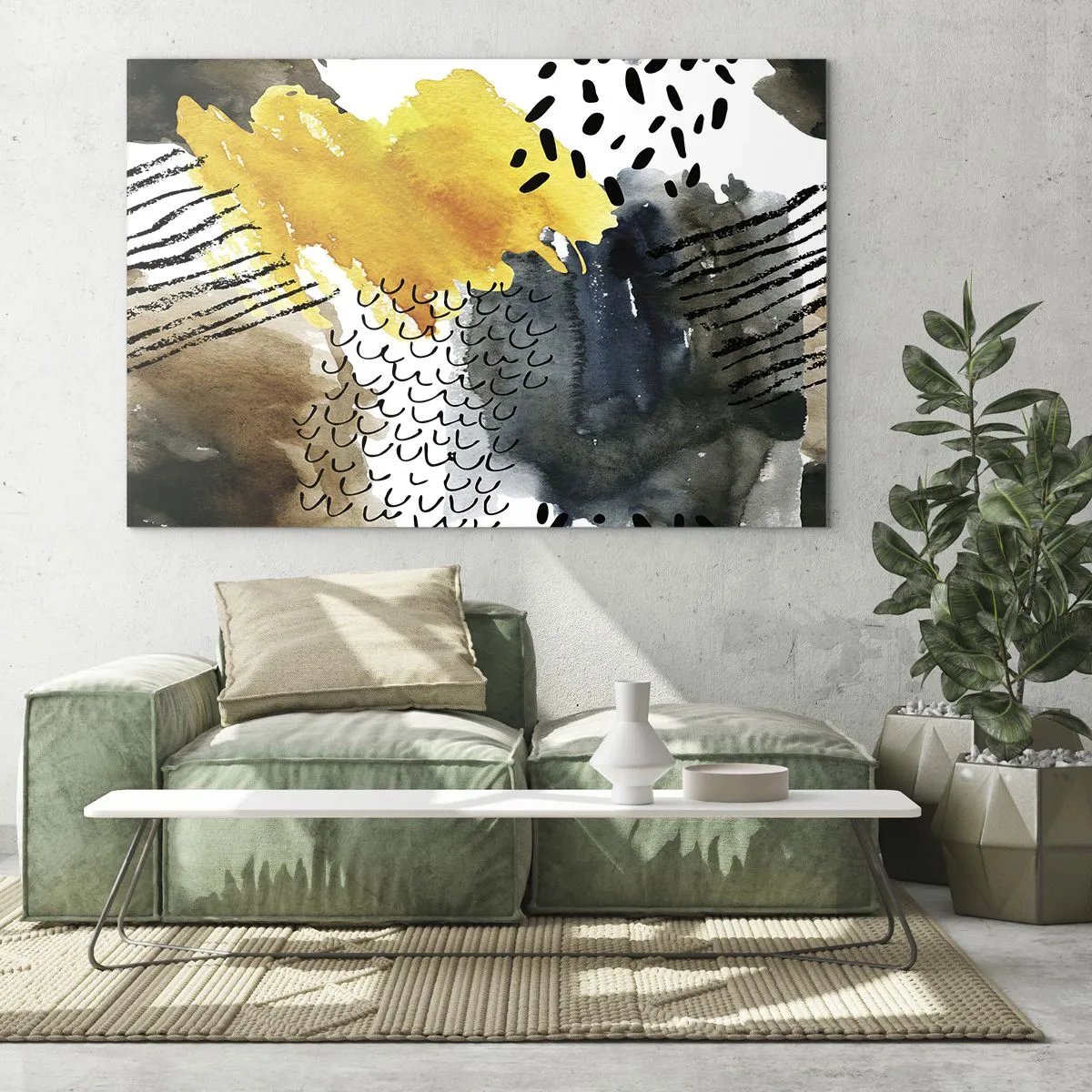 Glasbild - Bild auf glas - Eine abstrakte Komposition mit Punkten und Linien in erdigen Farben. - 70x50cm - Ein Treffen der Elemente der Natur - Moderne Wanddekoration für Wohnzimmer und Schlafzimmer ARTTOR