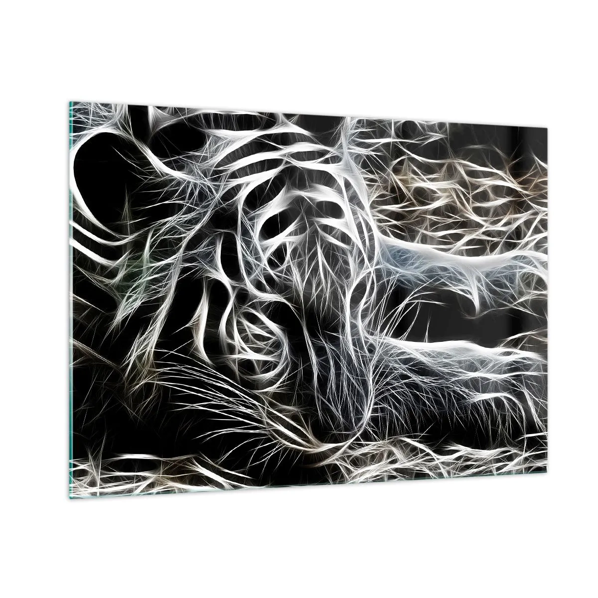 Glasbild - Bild auf glas - Abstrakter Tiger in leuchtenden Linien auf schwarzem Hintergrund - 100x70cm - Eine Studie über die Leichtigkeit der Katze - Moderne Wanddekoration für Wohnzimmer und Schlafzimmer ARTTOR