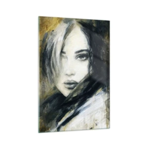 Glasbild - Bild auf glas - Porträt einer Frau vor einem Hintergrund aus abstrakten Flecken in Beigetönen - 70x100cm - unschuldiger oder sinnlicher? - Moderne Wanddekoration für Wohnzimmer und Schlafzimmer ARTTOR