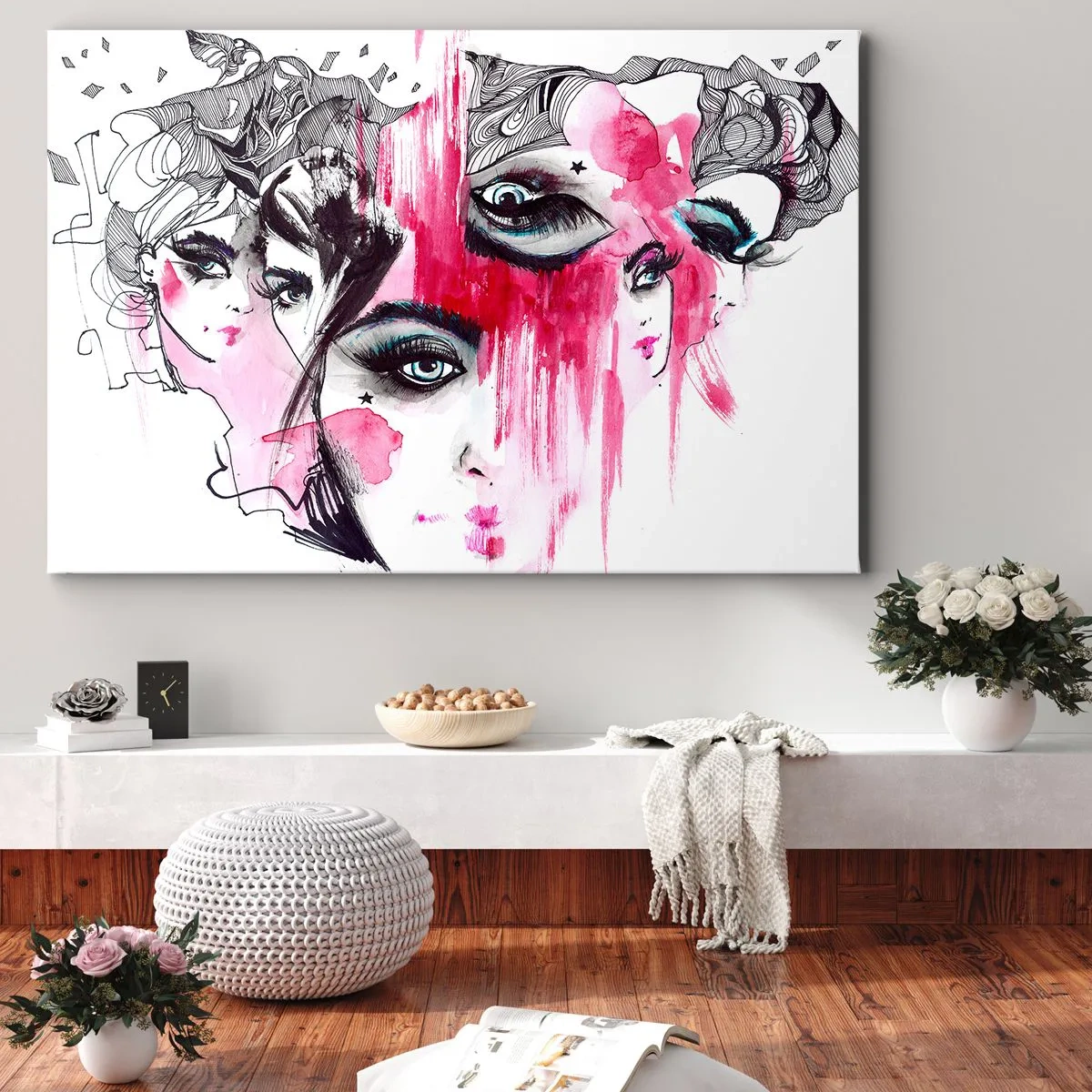 Bild auf Leinwand - Leinwandbild - Abstraktes Gesicht in Rosa- und Schwarztönen - 120x80cm - Abstrakte Augen - Moderne Wanddekoration für Wohnzimmer und Schlafzimmer ARTTOR