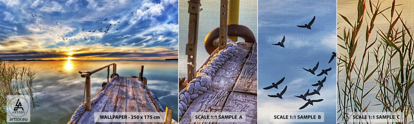 Fototapeten Muster Premium Canvas - Der Wind geht zur Ruhe - Landschaft, See, Holzbrücke - 100x30 cm