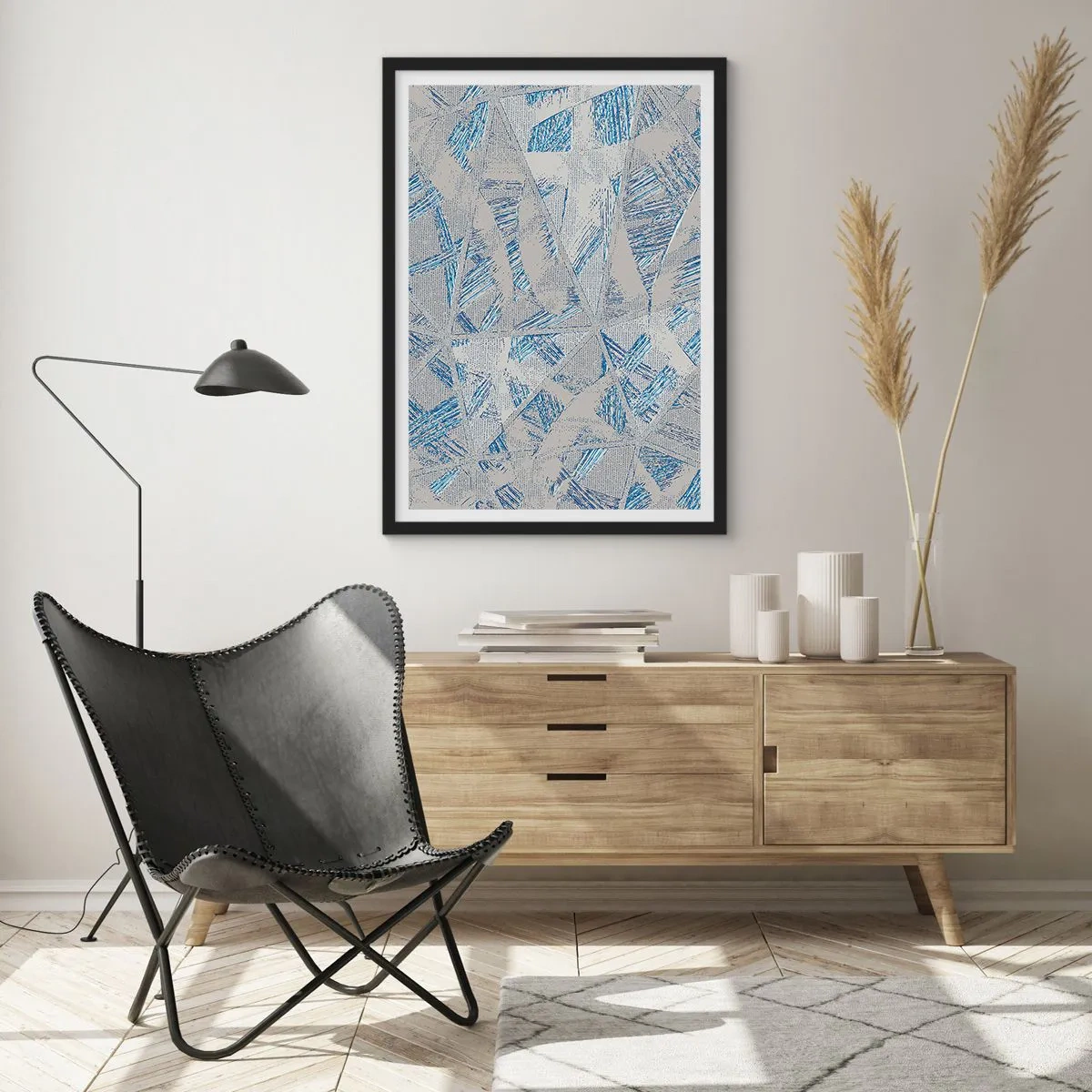 Poster in einem schwarzem Rahmen - Geometrische Abstraktion in Blau- und Grautönen - 50x70cm - In einem blaugrauen Labyrinth - Moderne Wanddekoration für Wohnzimmer und Schlafzimmer ARTTOR