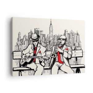 Bild auf Leinwand - Leinwandbild - Ein Jazzduo mit Saxophon und Gitarre vor der Kulisse der Stadt - 70x50cm - New Yorker Improvisation - Moderne Wanddekoration für Wohnzimmer und Schlafzimmer ARTTOR