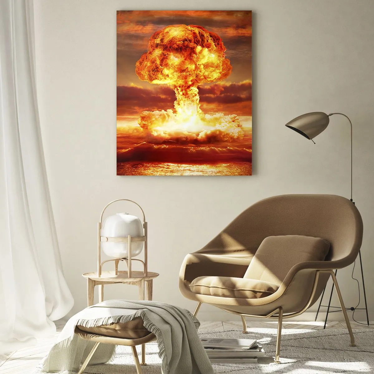 Glasbild - Bild auf glas - Atompilz-Explosion vor dem Hintergrund eines Sonnenuntergangs - 70x100cm - Und das Ende wird kommen - Moderne Wanddekoration für Wohnzimmer und Schlafzimmer ARTTOR