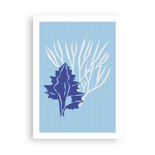 Poster - Nautische Grafik von Muscheln und Korallen auf blauem Hintergrund - 50x70cm - Blattformen - Moderne Wanddekoration für Wohnzimmer und Schlafzimmer ARTTOR