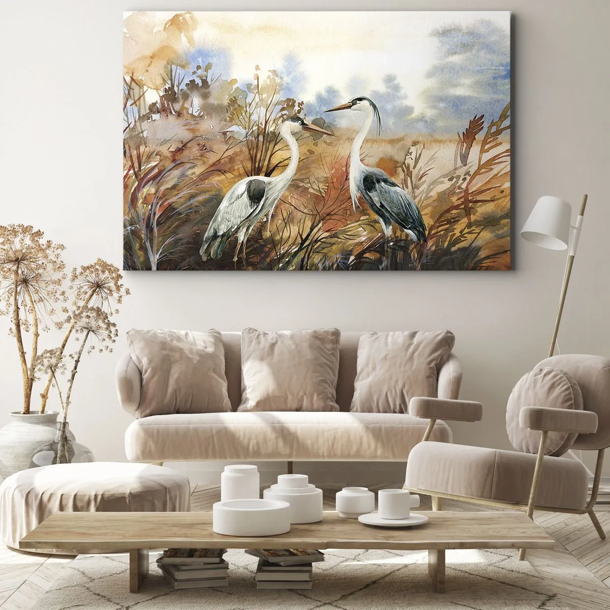 Bild auf Leinwand - Leinwandbild - Zwei Reiher vor dem Hintergrund einer herbstlichen Landschaft - 70x50cm - Wohin im Herbst? - Moderne Wanddekoration für Wohnzimmer und Schlafzimmer ARTTOR