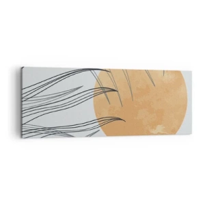 Bild auf Leinwand - Leinwandbild - Abstrakte Grashalme vor dem Hintergrund einer großen orangefarbenen Sonne - 140x50cm - Immer der Sonne entgegen - Moderne Wanddekoration für Wohnzimmer und Schlafzimmer ARTTOR