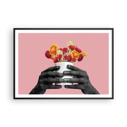 Poster in einem schwarzem Rahmen - Hände halten einen Strauß bunter Blumen - 100x70cm - Die Apotheose des Lebens - Moderne Wanddekoration für Wohnzimmer und Schlafzimmer ARTTOR