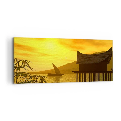 Bild auf Leinwand - Leinwandbild - Tropischer Sonnenuntergang über dem Wasser mit Holzhaus auf Stelzen. - 120x50cm - Der ersehnte Frieden - Moderne Wanddekoration für Wohnzimmer und Schlafzimmer ARTTOR
