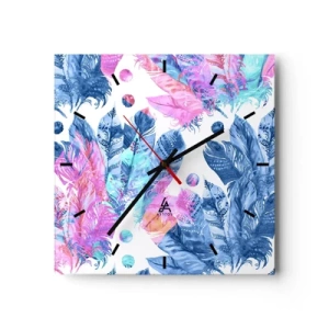 Wanduhr - Glasuhr - Abstraktes Muster mit bunten Federn in Pastelltönen - 30x30cm - Pflaumen in Pink und Blau - Moderne Wanddekoration für Wohnzimmer und Schlafzimmer ARTTOR
