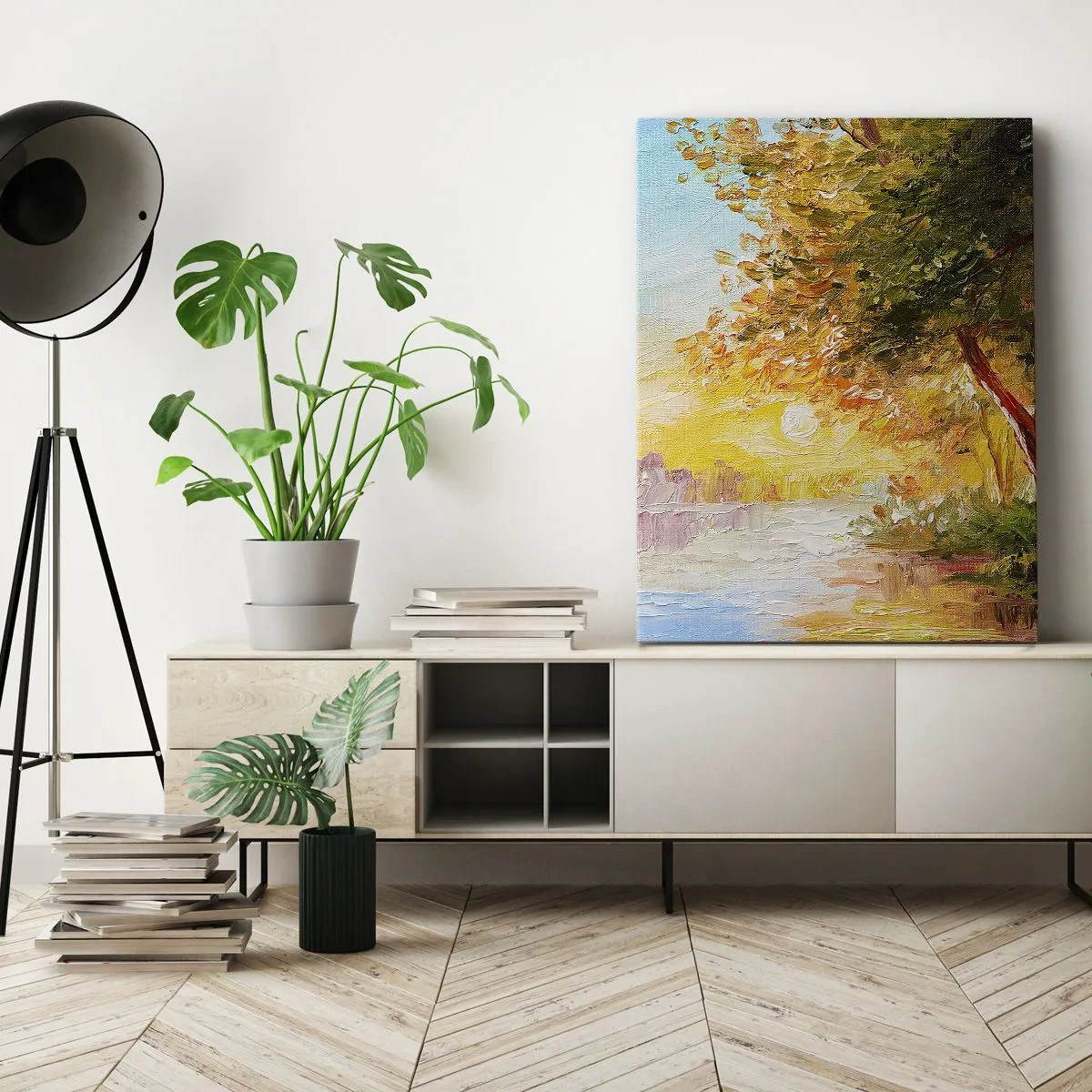 Bild auf Leinwand - Leinwandbild - Eine malerische Landschaft mit einem Fluss und Bäumen bei Sonnenuntergang - 70x100cm - Et in Arcadia ego - Moderne Wanddekoration für Wohnzimmer und Schlafzimmer ARTTOR