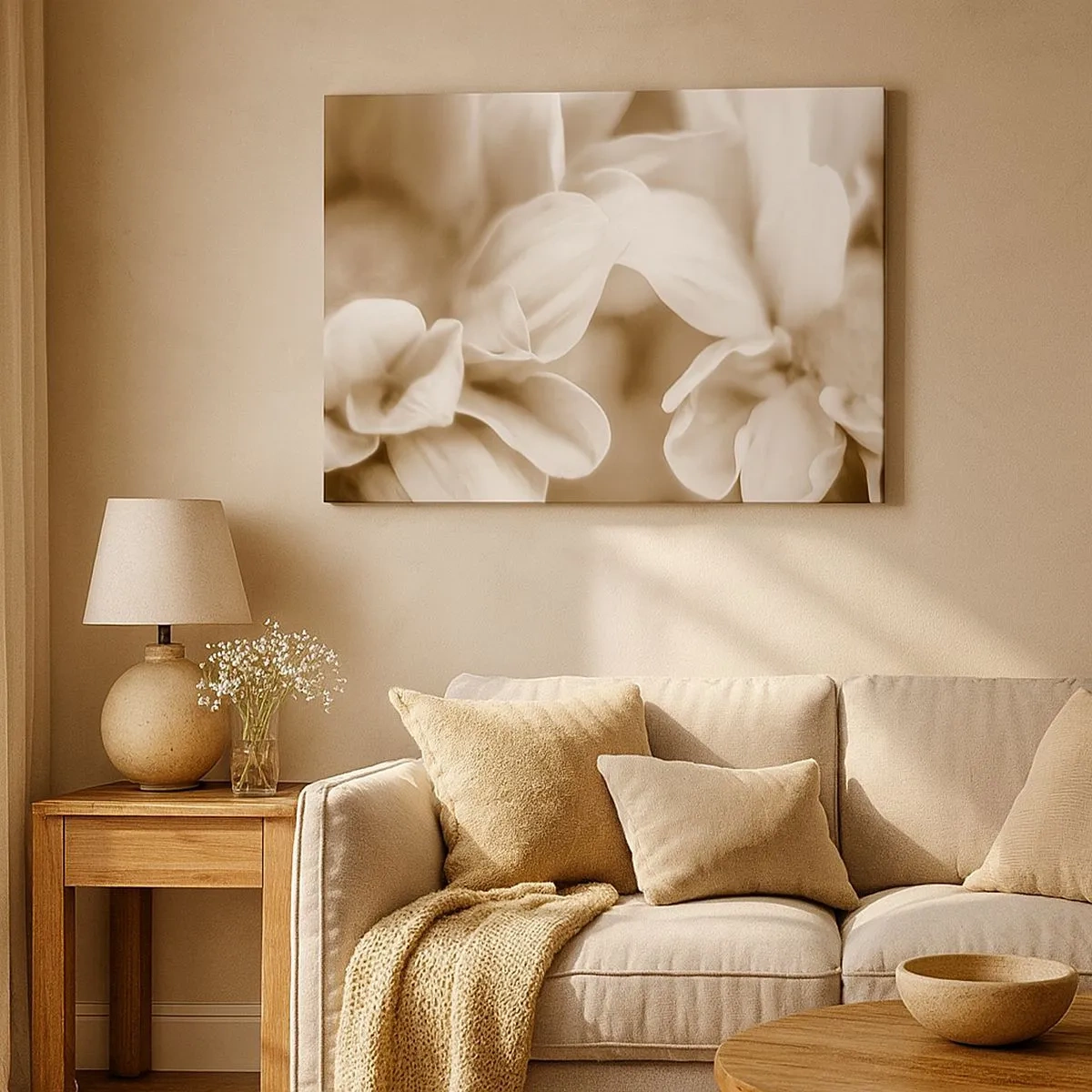 Bild auf Leinwand - Leinwandbild - Nahaufnahme von Blüten in zartem Sepia-Ton mit weichen Konturen - 70x50cm - So sanft wie ein Lächeln - Moderne Wanddekoration für Wohnzimmer und Schlafzimmer ARTTOR