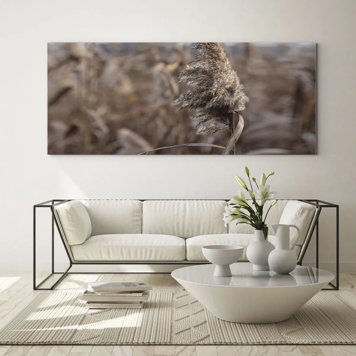 Glasbild - Bild auf glas - Zarte Gräser in Beigetönen vor dem Hintergrund der Natur - 120x50cm - Zeit, mit dem Wind zu gehen - Moderne Wanddekoration für Wohnzimmer und Schlafzimmer ARTTOR