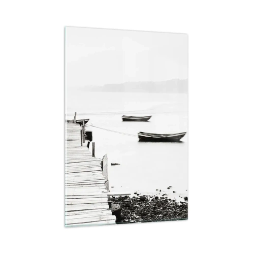 Glasbild - Bild auf glas - Holzsteg und Boote auf ruhigem Wasser - 80x120cm - Ruhig und sauber über dem Wasser - Moderne Wanddekoration für Wohnzimmer und Schlafzimmer ARTTOR