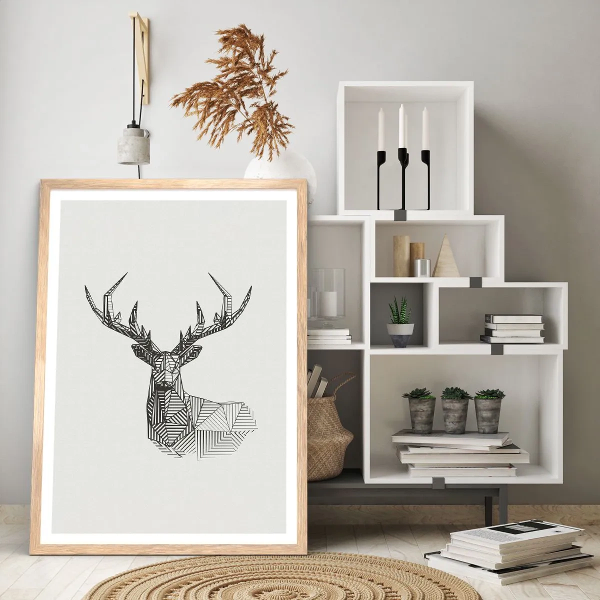 Poster in einem Rahmen aus heller Eiche - Ein Hirsch im kubistischen Stil - 30x40 cm