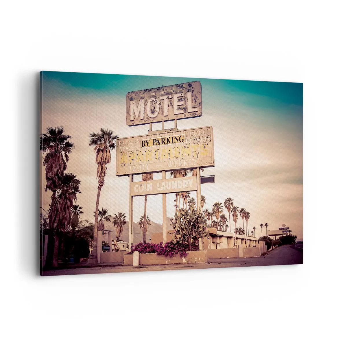 Bild auf Leinwand - Leinwandbild - Retro-Motelschild, umgeben von Palmen - 120x80cm - Hier ist die Zeit stehen geblieben - Moderne Wanddekoration für Wohnzimmer und Schlafzimmer ARTTOR