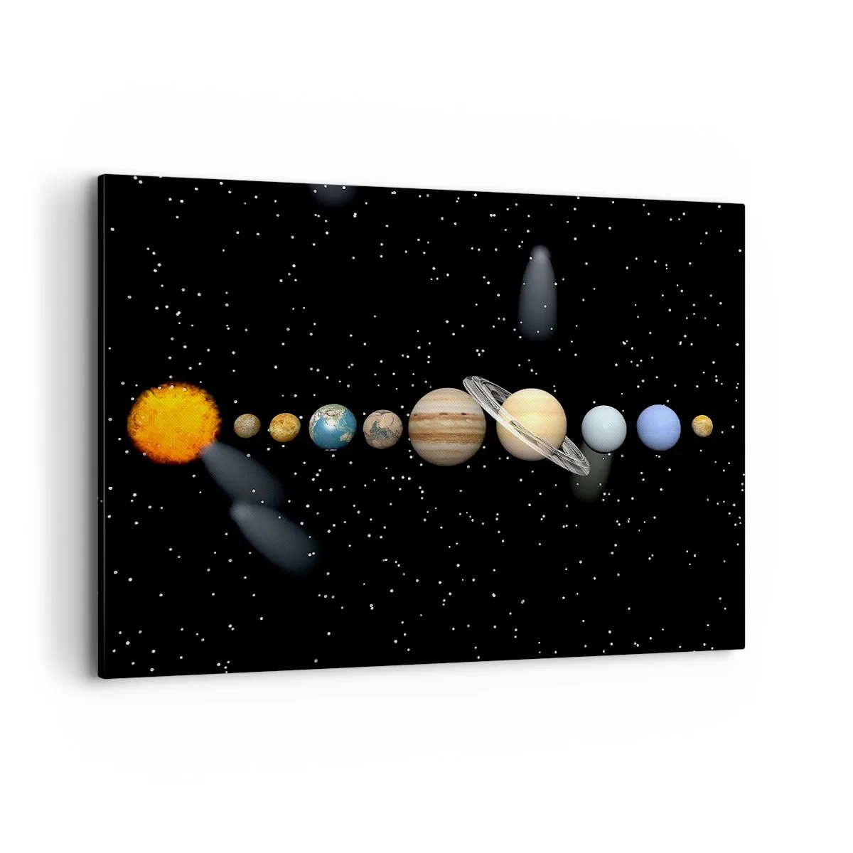 Bild auf Leinwand - Leinwandbild - Das Sonnensystem mit Planeten vor dem Hintergrund der Sterne im Weltraum - 120x80cm - Und die Planeten werden verrückt und toben ... - Moderne Wanddekoration für Wohnzimmer und Schlafzimmer ARTTOR