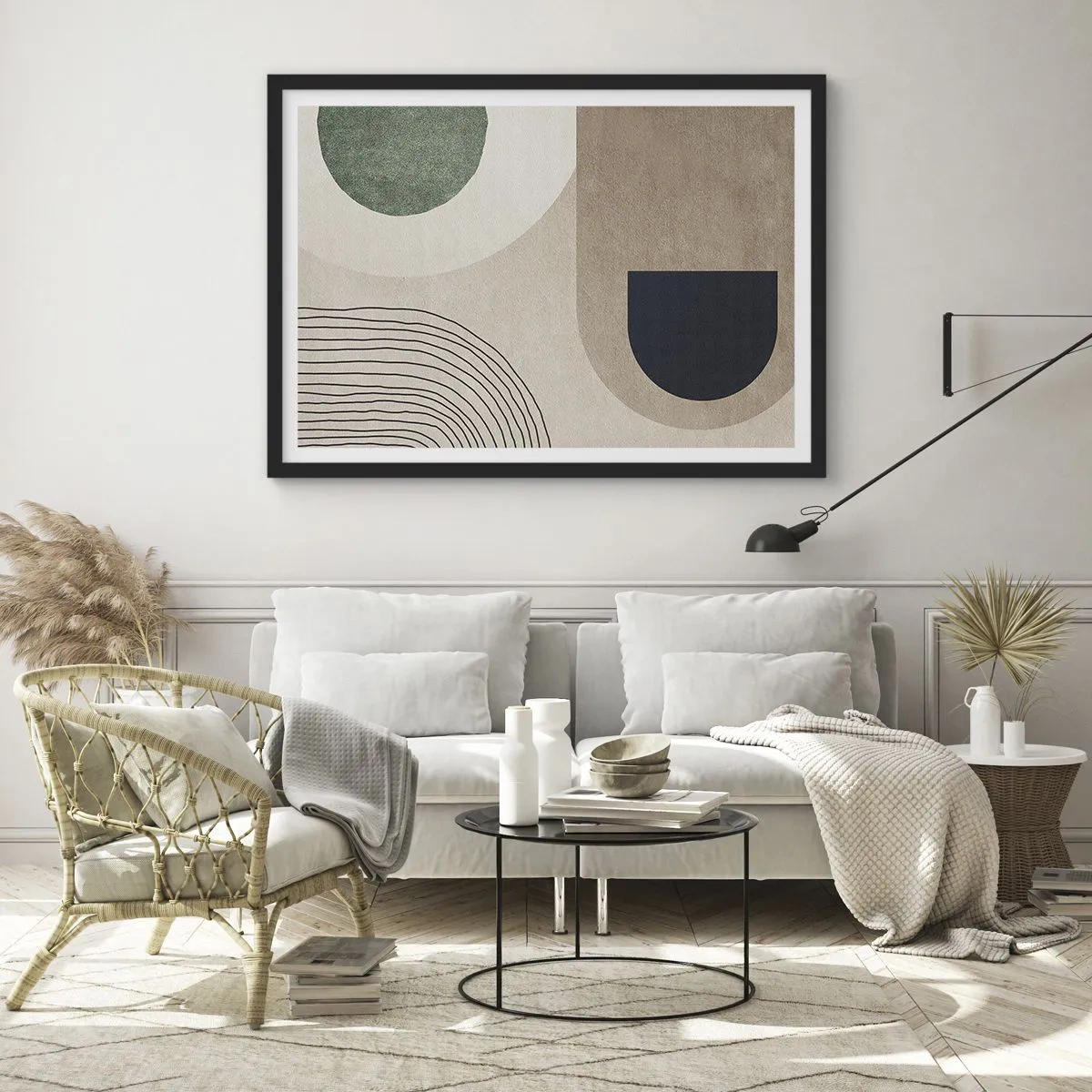 Poster in einem schwarzem Rahmen - Geometrische Formen in Beige- und Grüntönen - 70x50cm - Sanftheit des Ovals - Moderne Wanddekoration für Wohnzimmer und Schlafzimmer ARTTOR