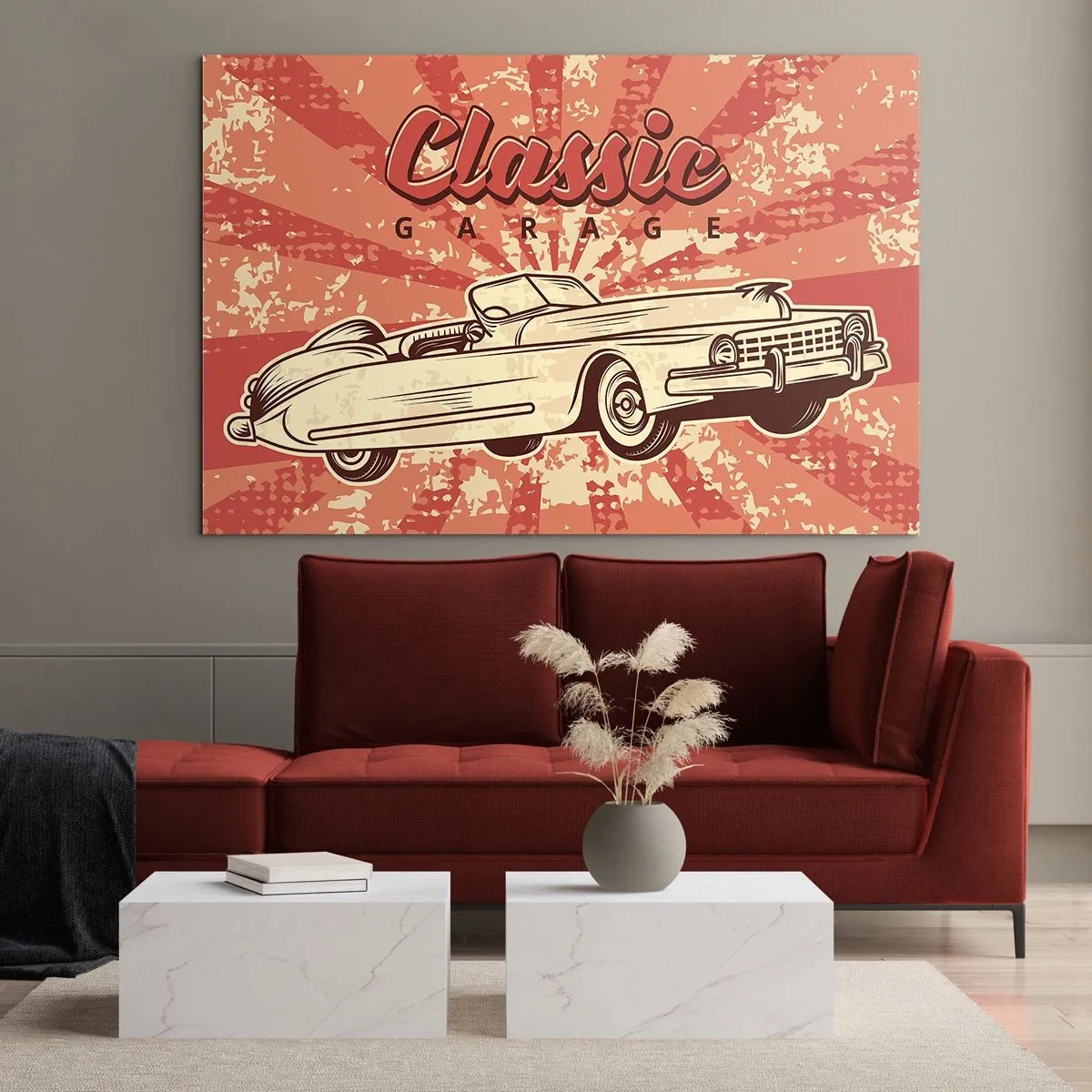 Glasbild - Bild auf glas - Retro-Grafik eines Oldtimers vor einem Strahlenhintergrund - 70x50cm - Und im Radio, Elvis - Moderne Wanddekoration für Wohnzimmer und Schlafzimmer ARTTOR
