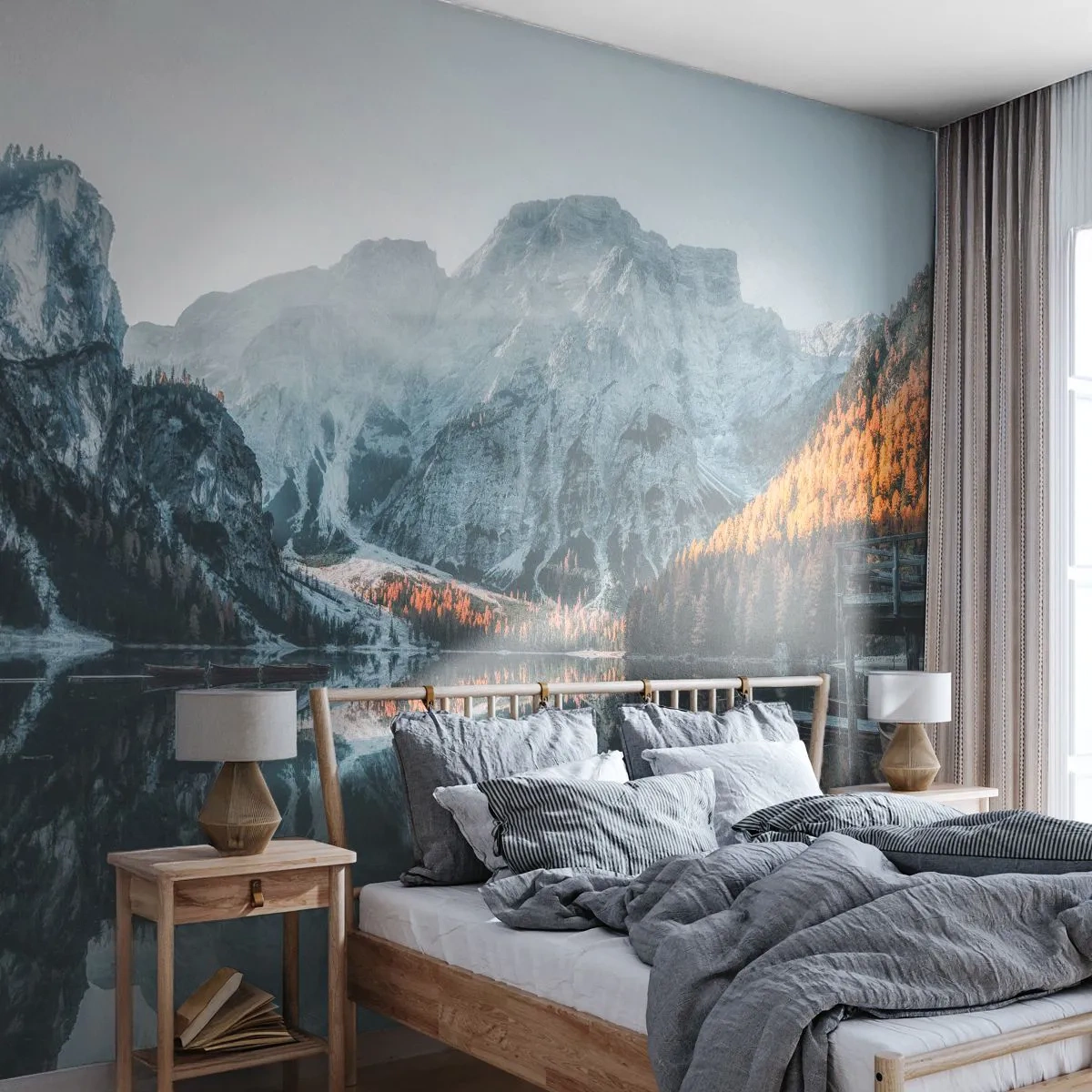 Fototapete Premium Sand - Berglandschaft spiegelt sich in der Oberfläche des Sees - 100x70cm - Spiegellandschaft - Moderne Wanddekoration für Wohnzimmer und Schlafzimmer ARTTOR