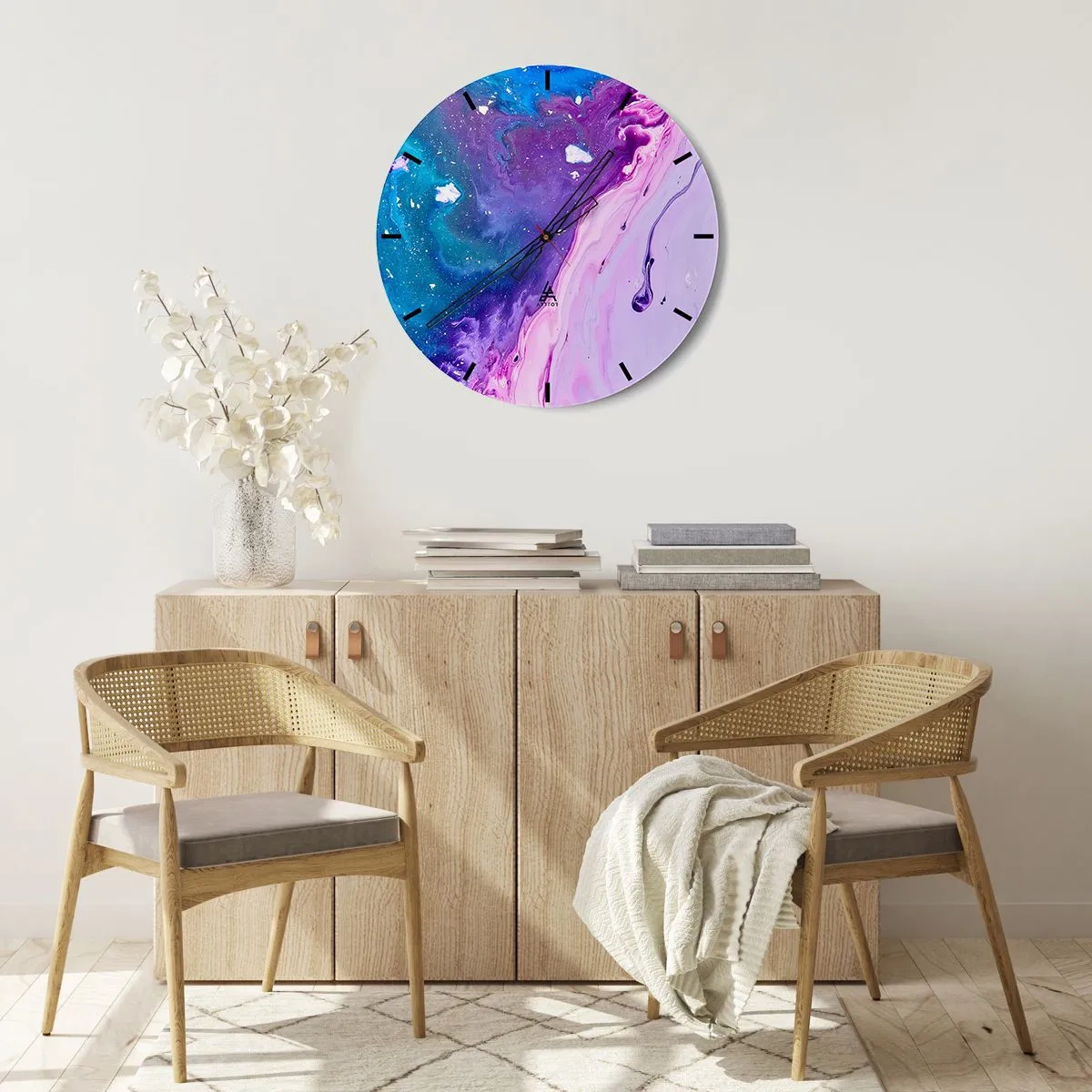 Wanduhr - Glasuhr - Abstrakte Farben in Lila- und Blautönen - 30x30cm - Yin und Yang - Moderne Wanddekoration für Wohnzimmer, Küche und Schlafzimmer ARTTOR