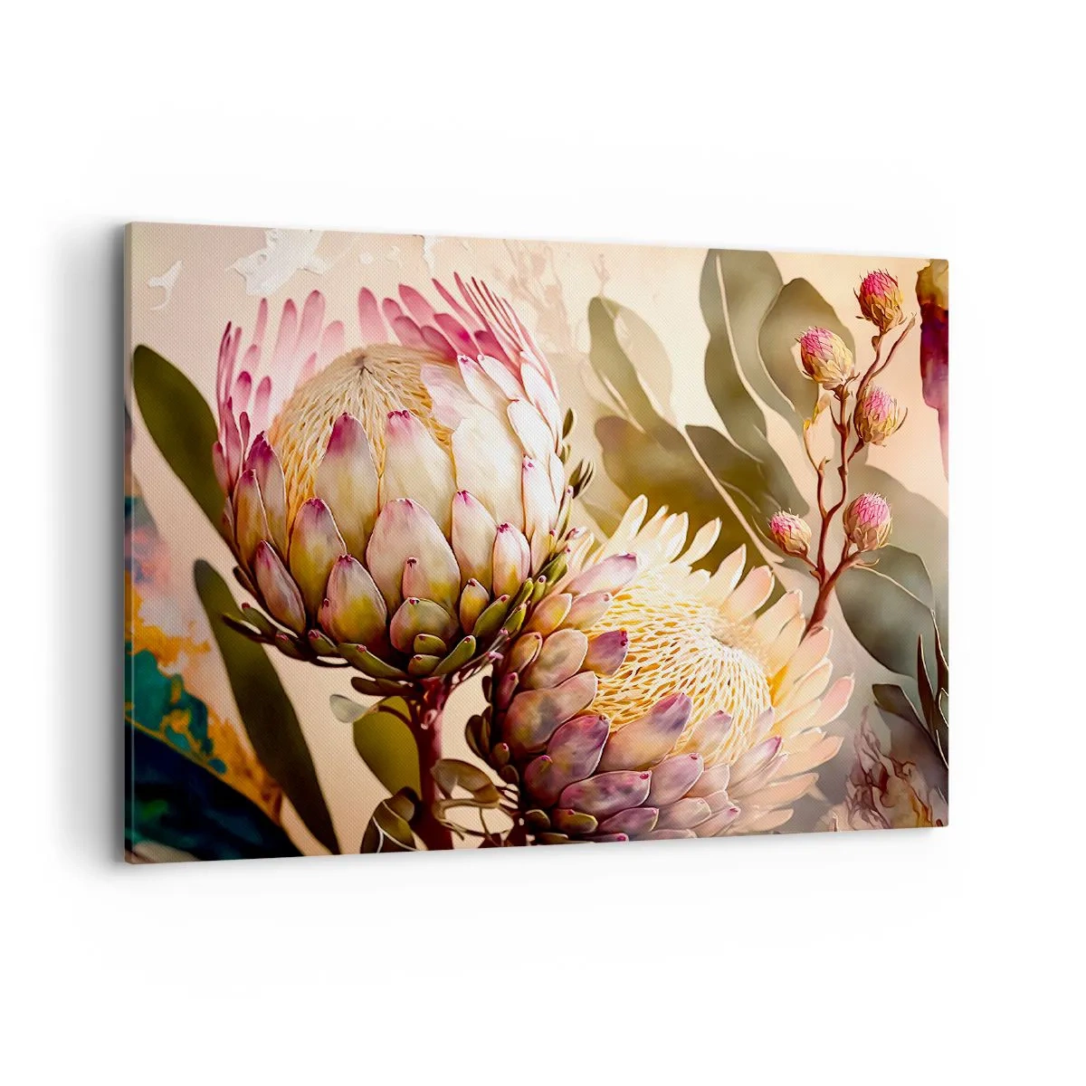 Bild auf Leinwand - Leinwandbild - Bunte Protea-Blüten auf zartem Hintergrund - 100x70cm - Zärtlich umarmt - Moderne Wanddekoration für Wohnzimmer und Schlafzimmer ARTTOR