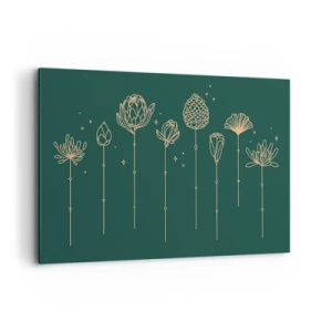 Bild auf Leinwand - Leinwandbild - Goldene Zeichnungen von Kräutern auf dunkelgrünem Hintergrund - 120x80cm - Familie ZIÓŁkowski - Moderne Wanddekoration für Wohnzimmer und Schlafzimmer ARTTOR