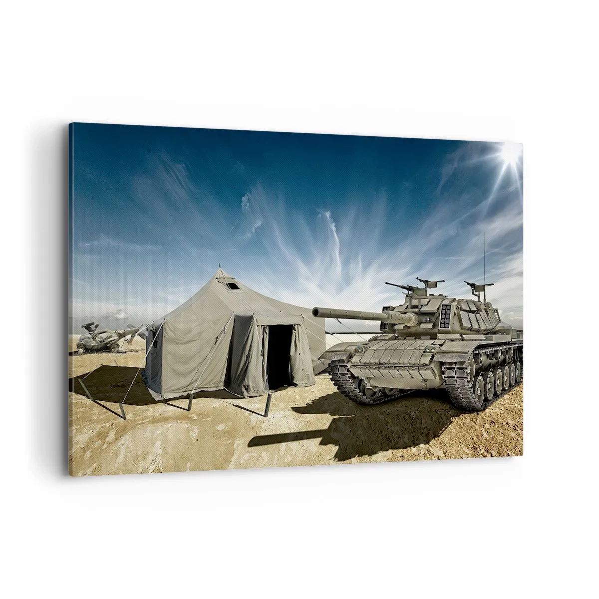 Bild auf Leinwand - Leinwandbild - Ein Panzer neben einem Militärzelt in einer Wüstengegend - 100x70cm - Ein militärischer Traum - Moderne Wanddekoration für Wohnzimmer und Schlafzimmer ARTTOR
