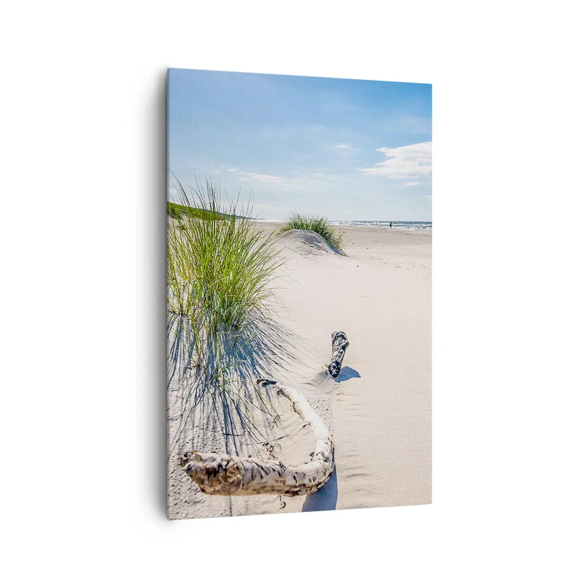 Bild auf Leinwand - Leinwandbild - Ein Ostseestrand mit Sand, Gras und einem ruhigen blauen Himmel - 80x120cm - Der schönste Strand? Ostsee-Strand - Moderne Wanddekoration für Wohnzimmer und Schlafzimmer ARTTOR