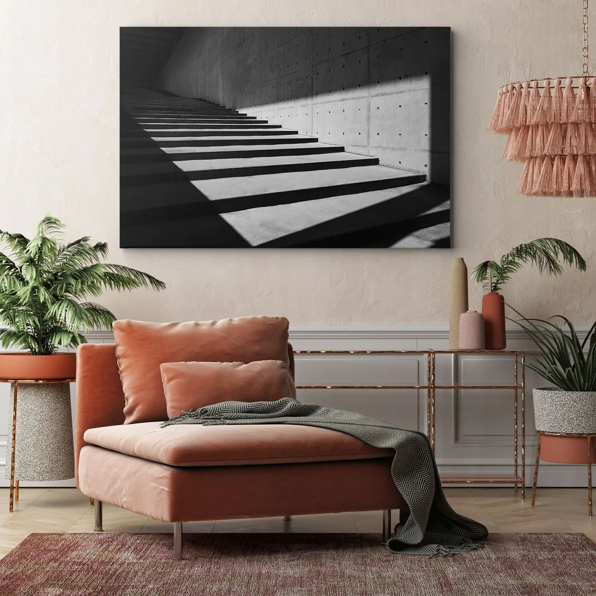 Bild auf Leinwand - Leinwandbild - Treppe im minimalistischen Stil in Schwarz und Weiß - 70x50cm - Rohe Schönheit des Modernismus - Moderne Wanddekoration für Wohnzimmer und Schlafzimmer ARTTOR