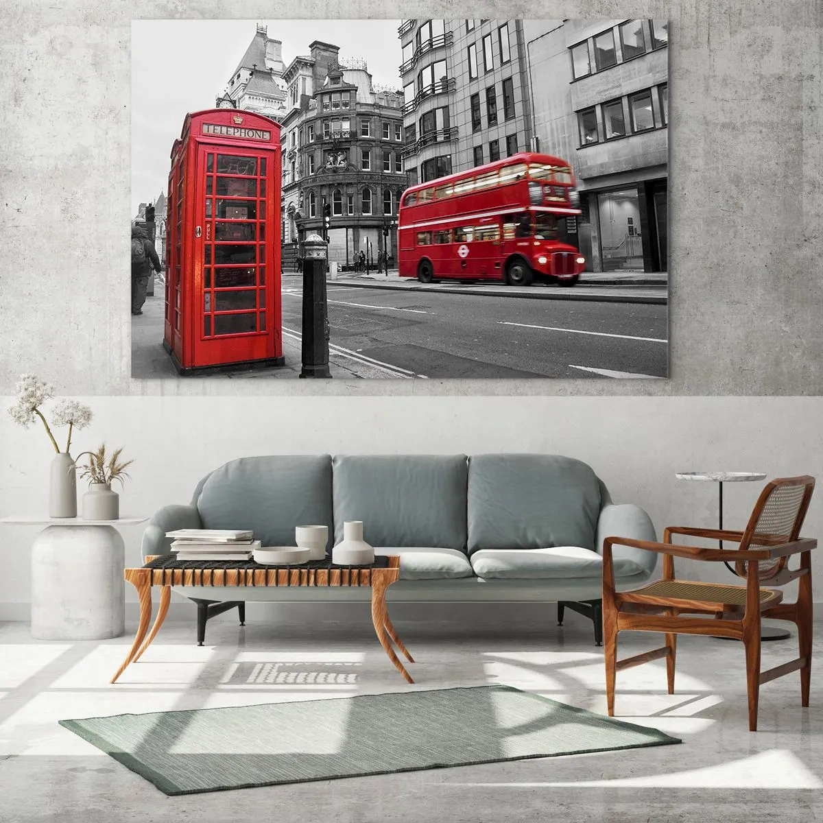 Glasbild - Bild auf glas - Rote Telefonzelle und Bus in London - 100x70cm - Das Rotste in Europa - Moderne Wanddekoration für Wohnzimmer und Schlafzimmer ARTTOR