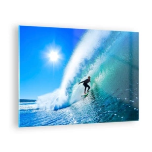 Glasbild - Bild auf glas - Surfer auf einer Welle an einem sonnigen Tag - 70x50cm - Durch das große Blau - Moderne Wanddekoration für Wohnzimmer und Schlafzimmer ARTTOR