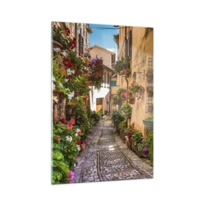 Glasbild - Bild auf glas - Eine charmante italienische Gasse mit Topfblumen und einer Kopfsteinpflasterstraße - 50x70cm - Italienische Gasse - Moderne Wanddekoration für Wohnzimmer und Schlafzimmer ARTTOR