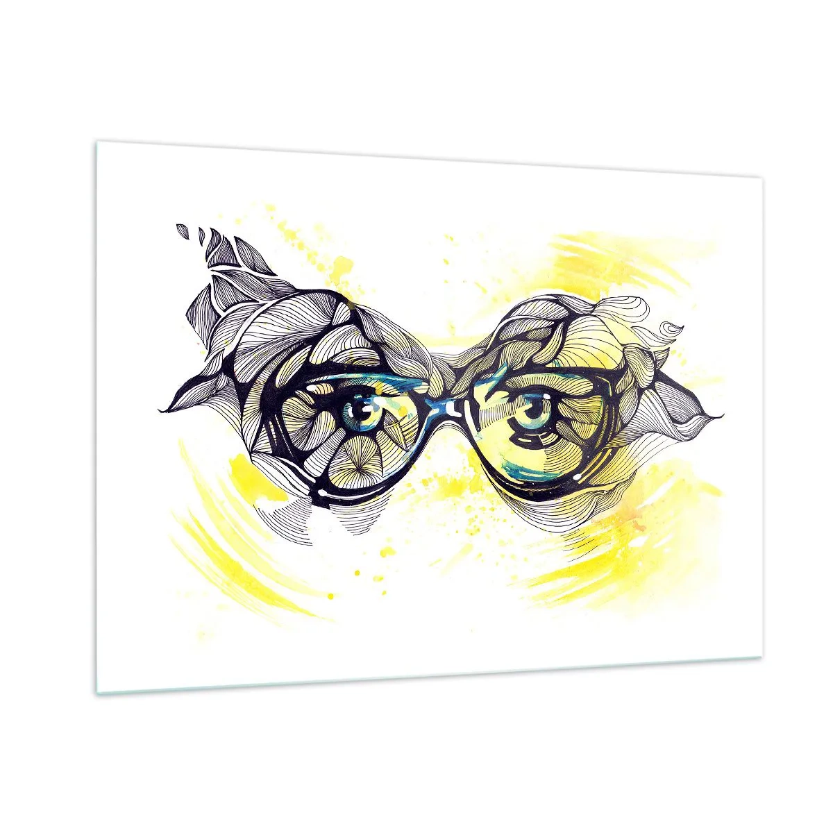 Glasbild - Bild auf glas - Brille mit kunstvollen Mustern und Augen auf gelb getöntem Hintergrund - 100x70cm - Durch blaue Brille - Moderne Wanddekoration für Wohnzimmer und Schlafzimmer ARTTOR