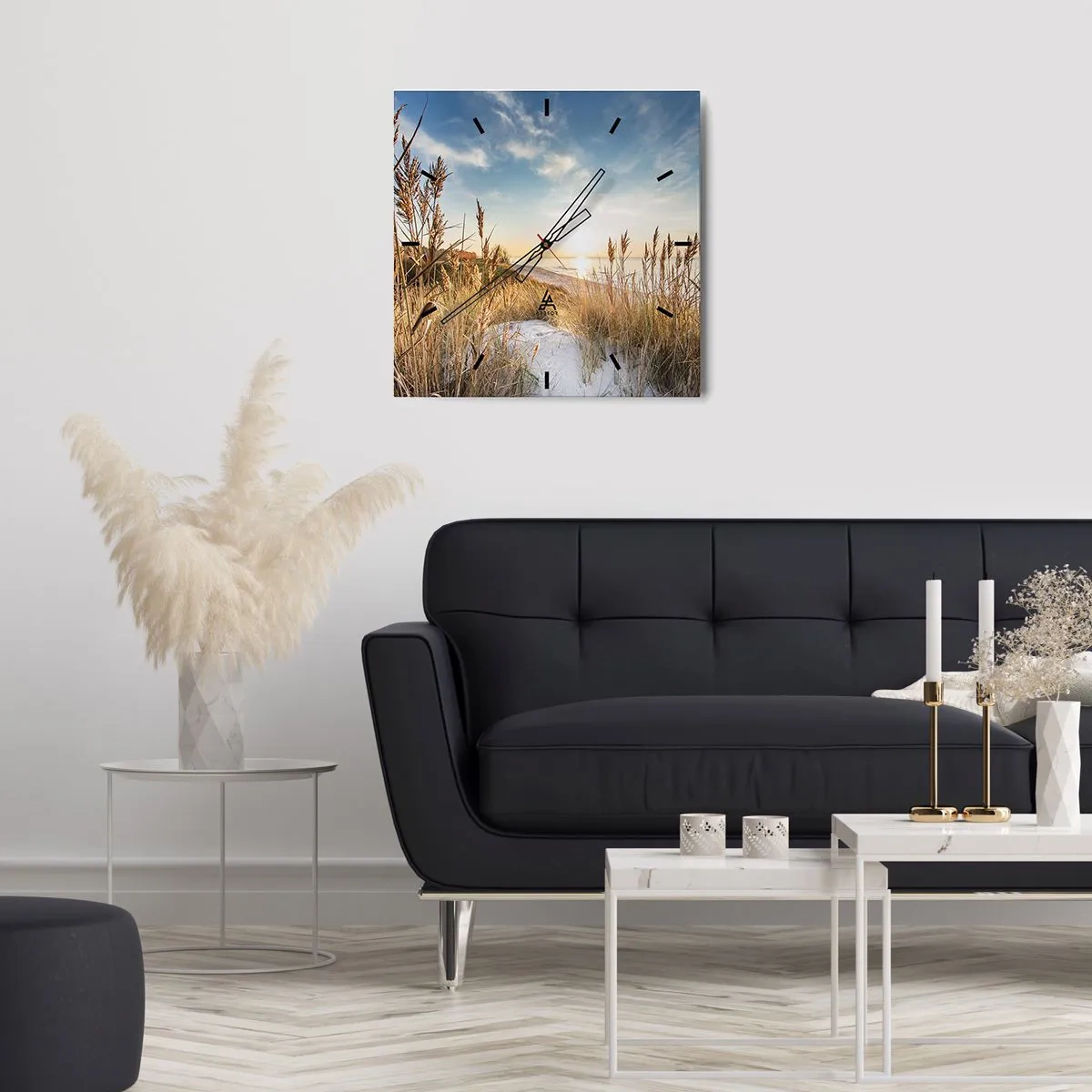 Wanduhr - Glasuhr - Ein malerischer Strand mit Gras und untergehender Sonne - 30x30cm - Nordstrand - Moderne Wanddekoration für Wohnzimmer und Schlafzimmer ARTTOR