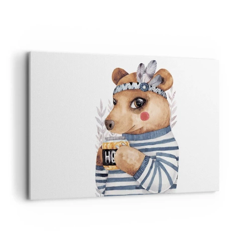 Bild auf Leinwand - Leinwandbild - Ein Teddybär im gestreiften Pullover mit einer Tasse Honig - 120x80cm - Süße Bärin - Moderne Wanddekoration für Wohnzimmer und Schlafzimmer ARTTOR