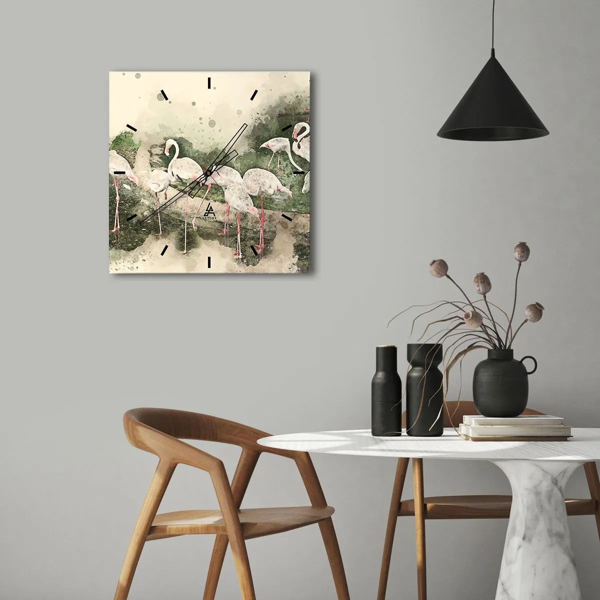 Wanduhr - Glasuhr - Flamingos in ihrer natürlichen Umgebung im Aquarellstil - 30x30cm - Exotischer Traum - Moderne Wanddekoration für Wohnzimmer und Schlafzimmer ARTTOR
