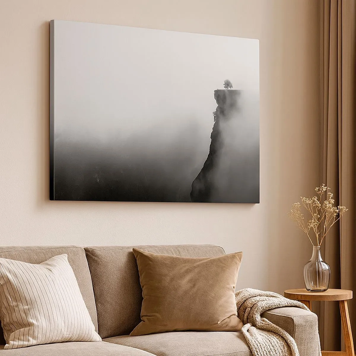Bild auf Leinwand - Leinwandbild - Ein einsamer Baum am Rand einer Klippe, umgeben von Nebel - 70x50cm - Am Rande der Welt - Moderne Wanddekoration für Wohnzimmer und Schlafzimmer ARTTOR