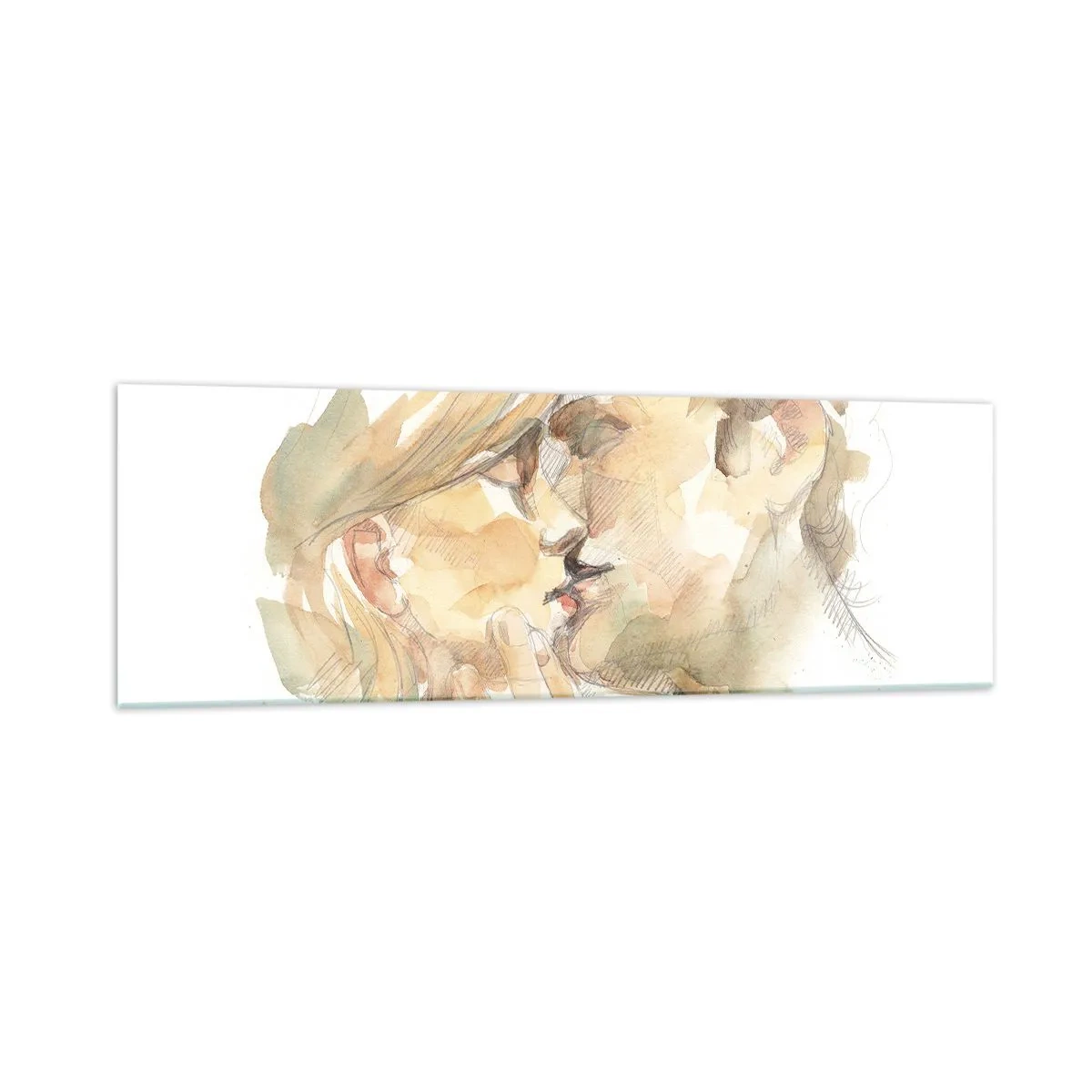 Glasbild - Bild auf glas - Romantisches Aquarellporträt eines sich küssenden Paares - 160x50cm - Hälfte gefunden? - Moderne Wanddekoration für Wohnzimmer und Schlafzimmer ARTTOR